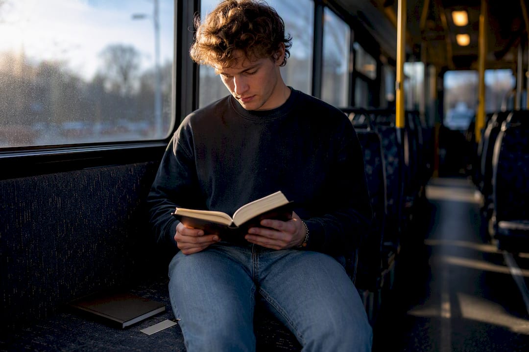 Young adult reading Bible on Canberra bus