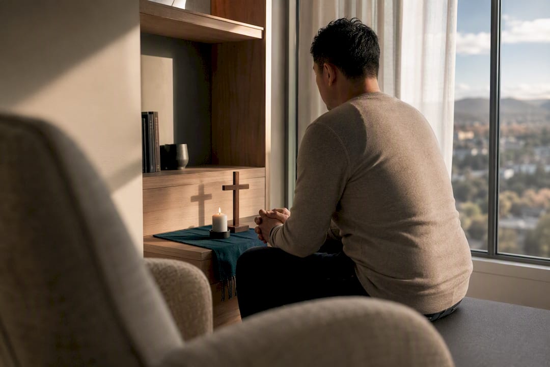 Person praying beside candle and cross