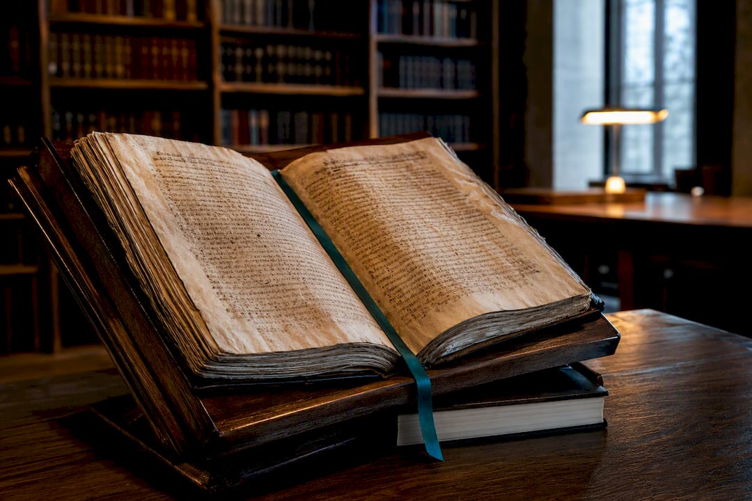 Early Gospel manuscript in an archival reading room