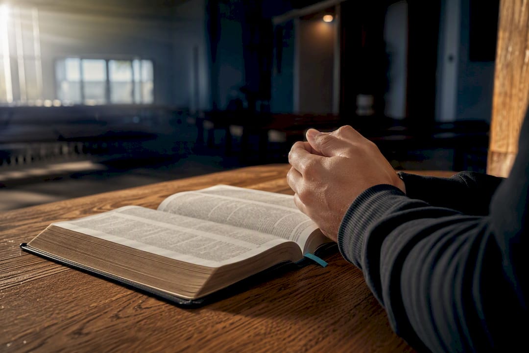 Hands praying beside an open Bible