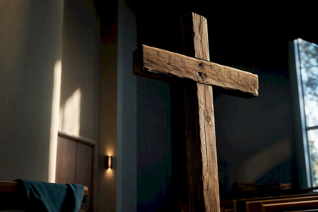 Wooden cross in a shadowed church chapel