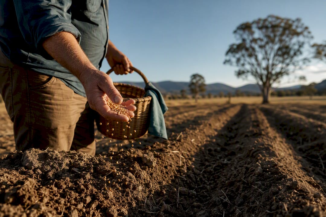 Farmer scattering seed across a field