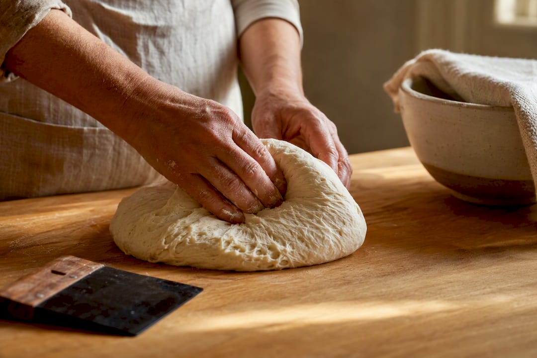Hands folding dough in a quiet bakery