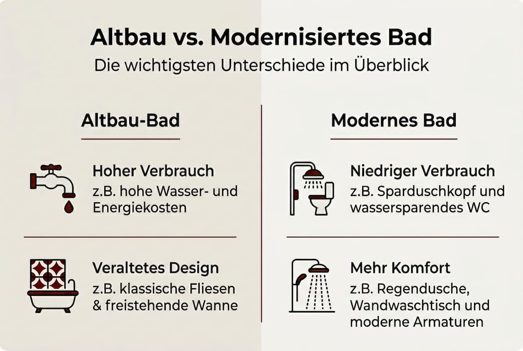 Infografik: Vergleich zwischen saniertem Altbau-Bad und modernem Badezimmer
