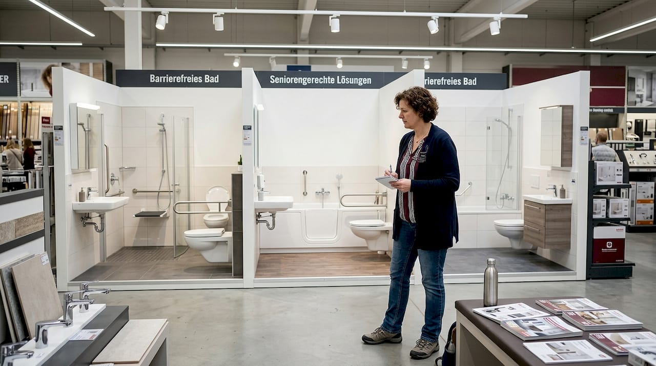 Ein Besucher verschafft sich einen Überblick über drei verschiedene Badkonzepte.