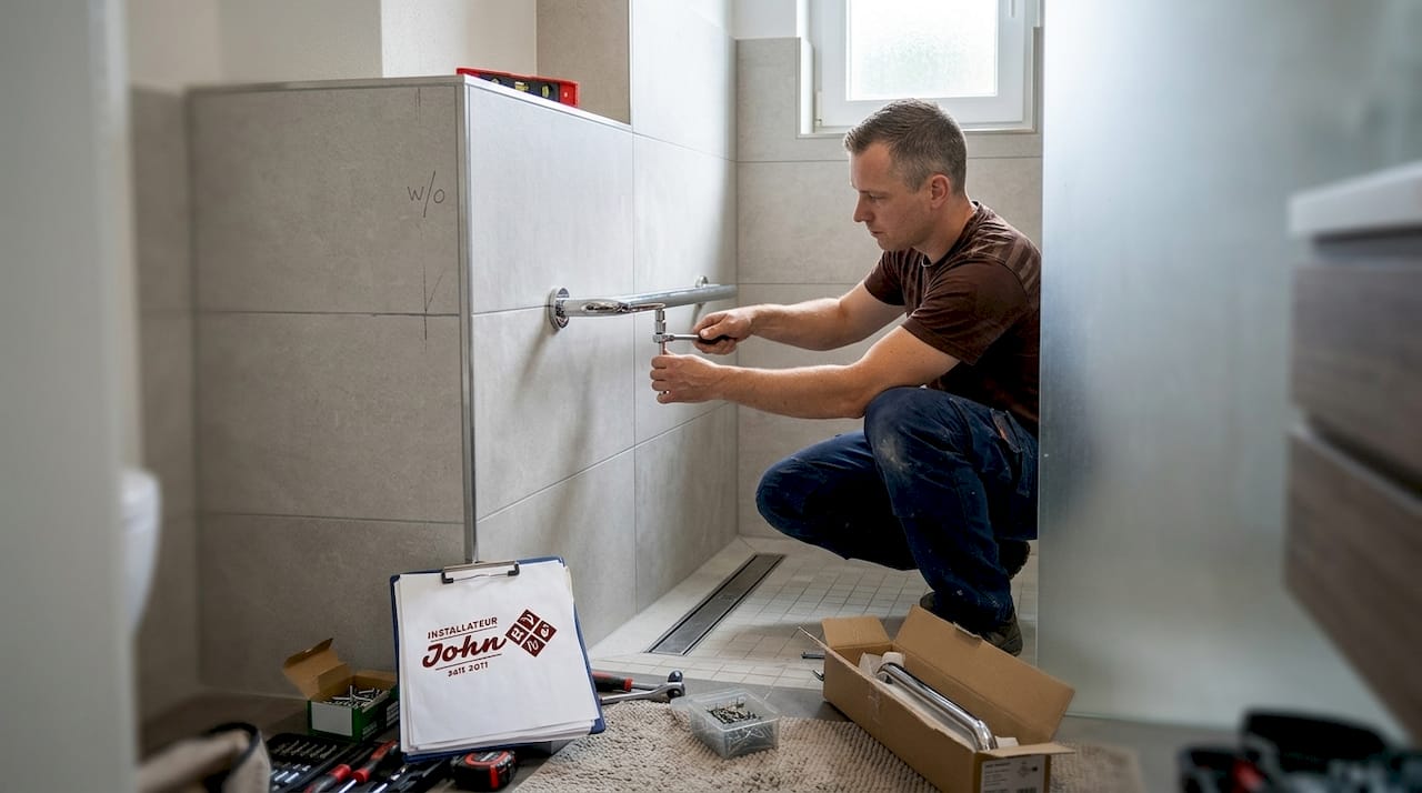 Ein Monteur bringt im Badezimmer einen Haltegriff in der Dusche an, um die Sicherheit zu erhöhen.