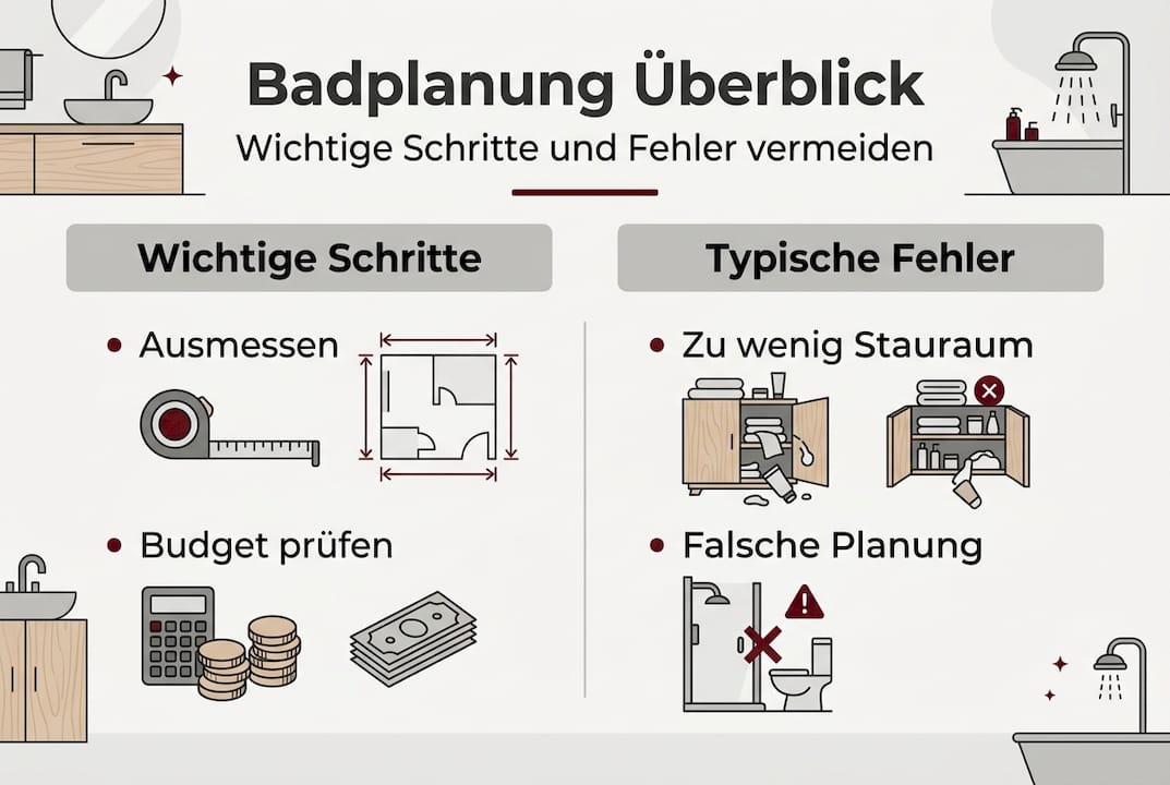 In dieser Infografik werden die wichtigsten Schritte der Badplanung sowie typische Fehler anschaulich dargestellt.