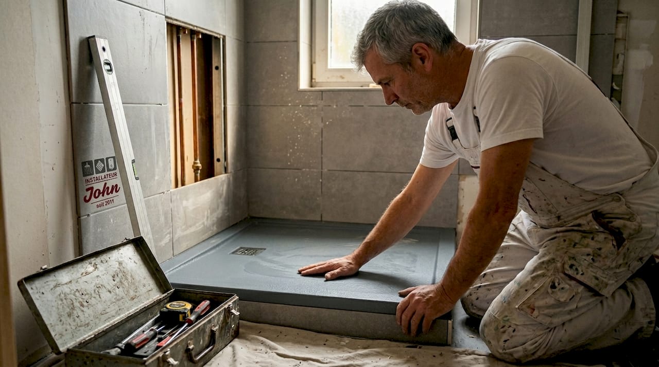 Der Monteur überprüft die Qualität des strukturierten Duschbodens.