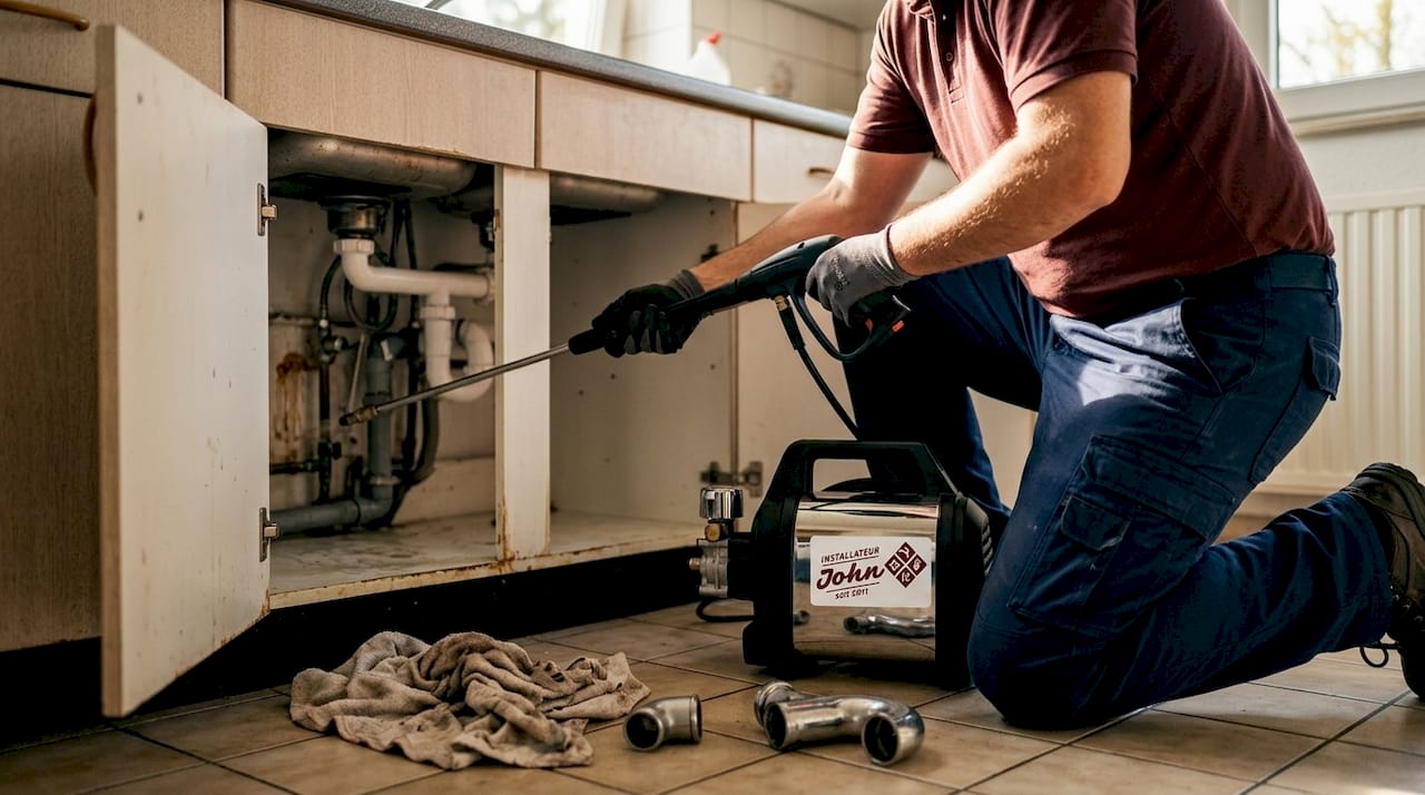 Ein Installateur reinigt die Abflussrohre unter der Küchenspüle.