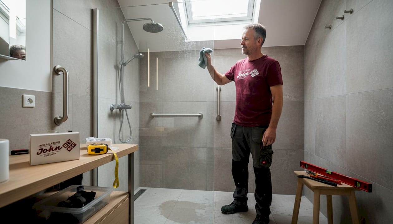 Nach dem Umbau des Badezimmers testet ein Mann die neue, sichere Dusche.