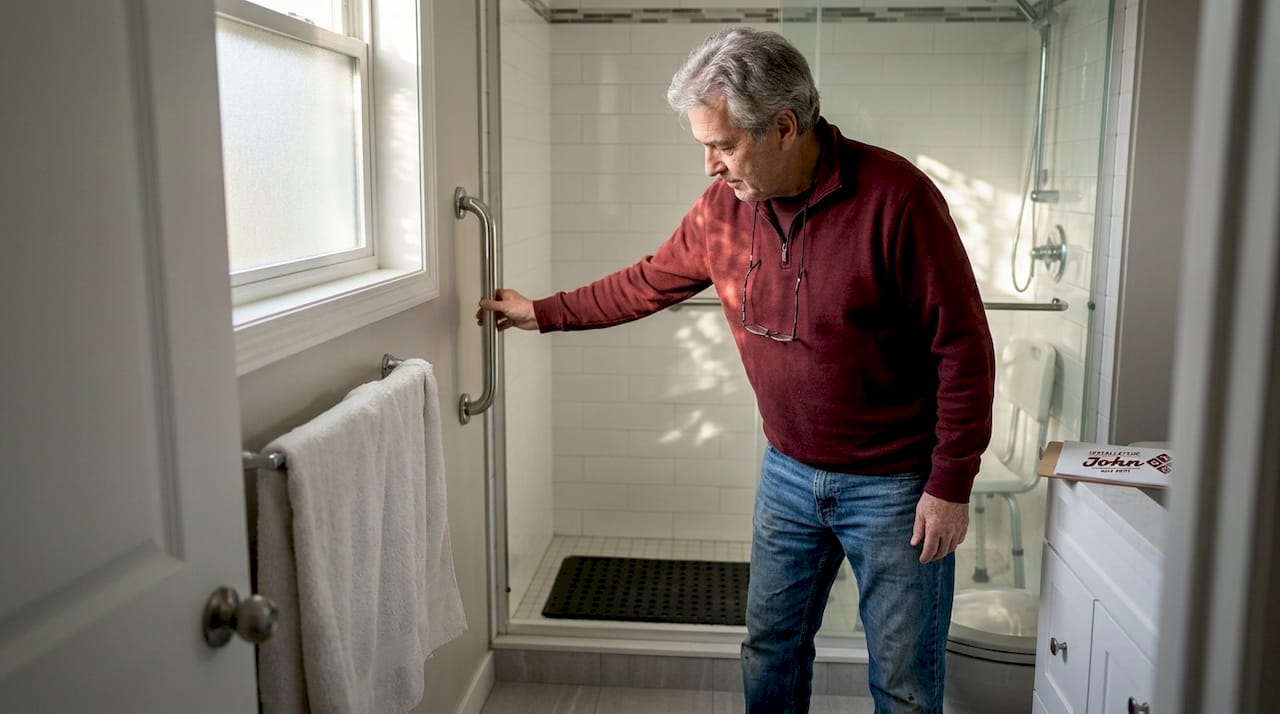 Ein Mann testet den Haltegriff im barrierefreien Bad auf seine Stabilität.