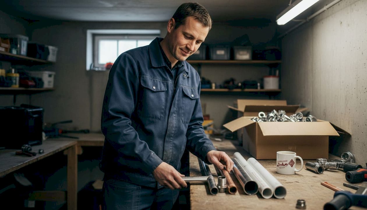 Ein Fachmann für Sanitärtechnik begutachtet unterschiedliche Rohrtypen auf ihre Eignung.