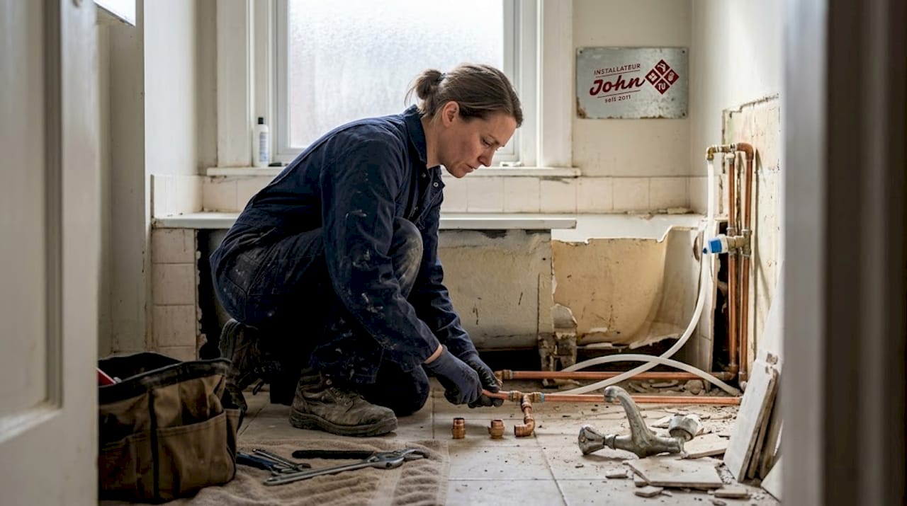 Der Installateur bereitet die Rohrleitungen für den Einbau der Dusche vor.
