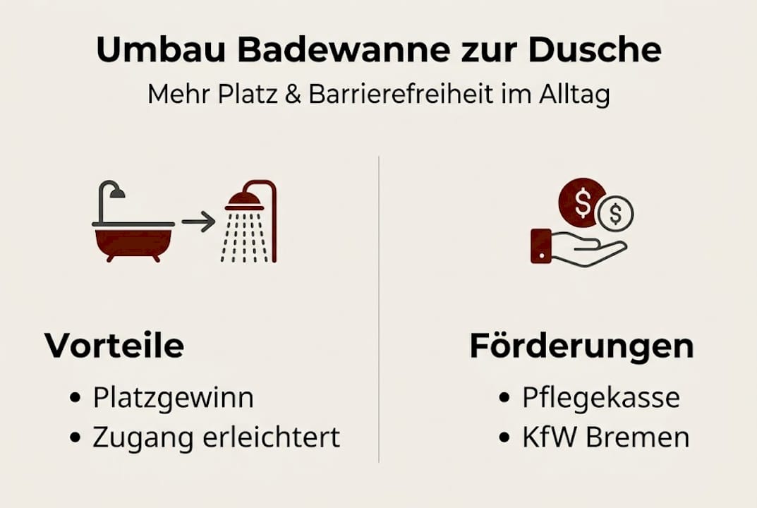 Diese Infografik fasst übersichtlich zusammen, welche Vorteile ein barrierefreier Badumbau bietet und welche Fördermöglichkeiten es dafür gibt.