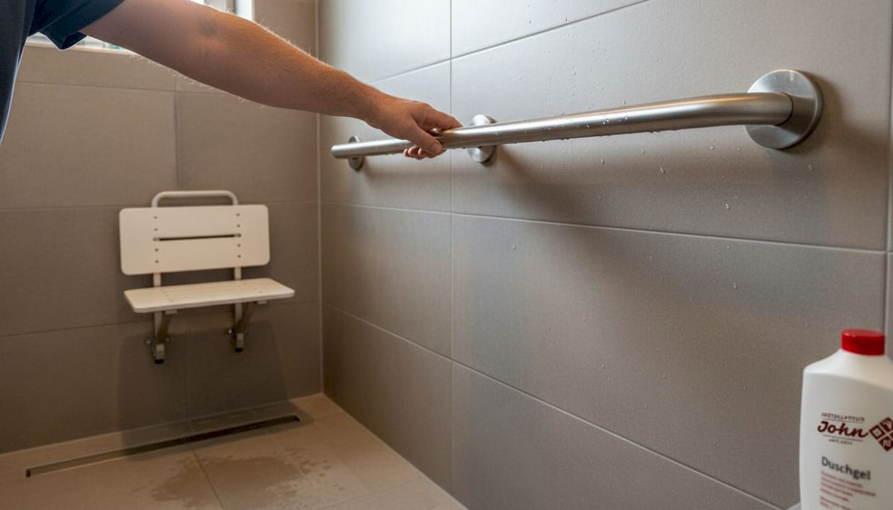 Eine Hand hält sich zur Sicherheit am Haltegriff in der Dusche fest.