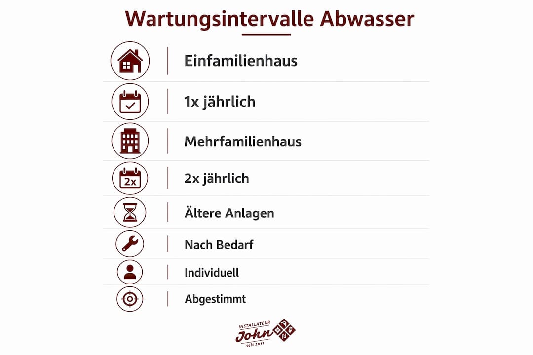Die Infografik bietet einen übersichtlichen Leitfaden zu empfohlenen Wartungsintervallen für Abwasseranlagen.
