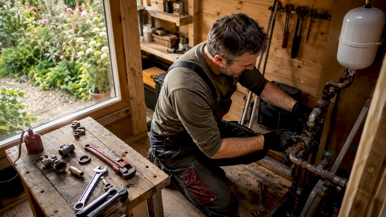Ein Handwerker kümmert sich im Keller um die Rohrleitungen.