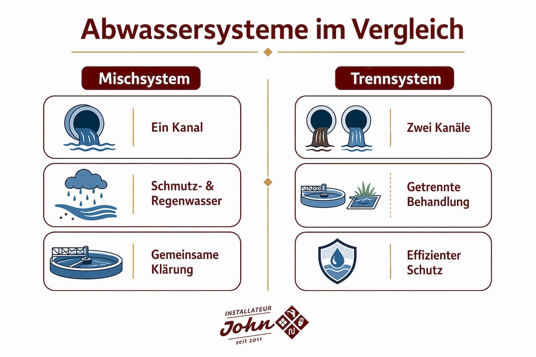 Grafische Übersicht: Gegenüberstellung von Trennsystem und Mischsystem in der Abwassertechnik