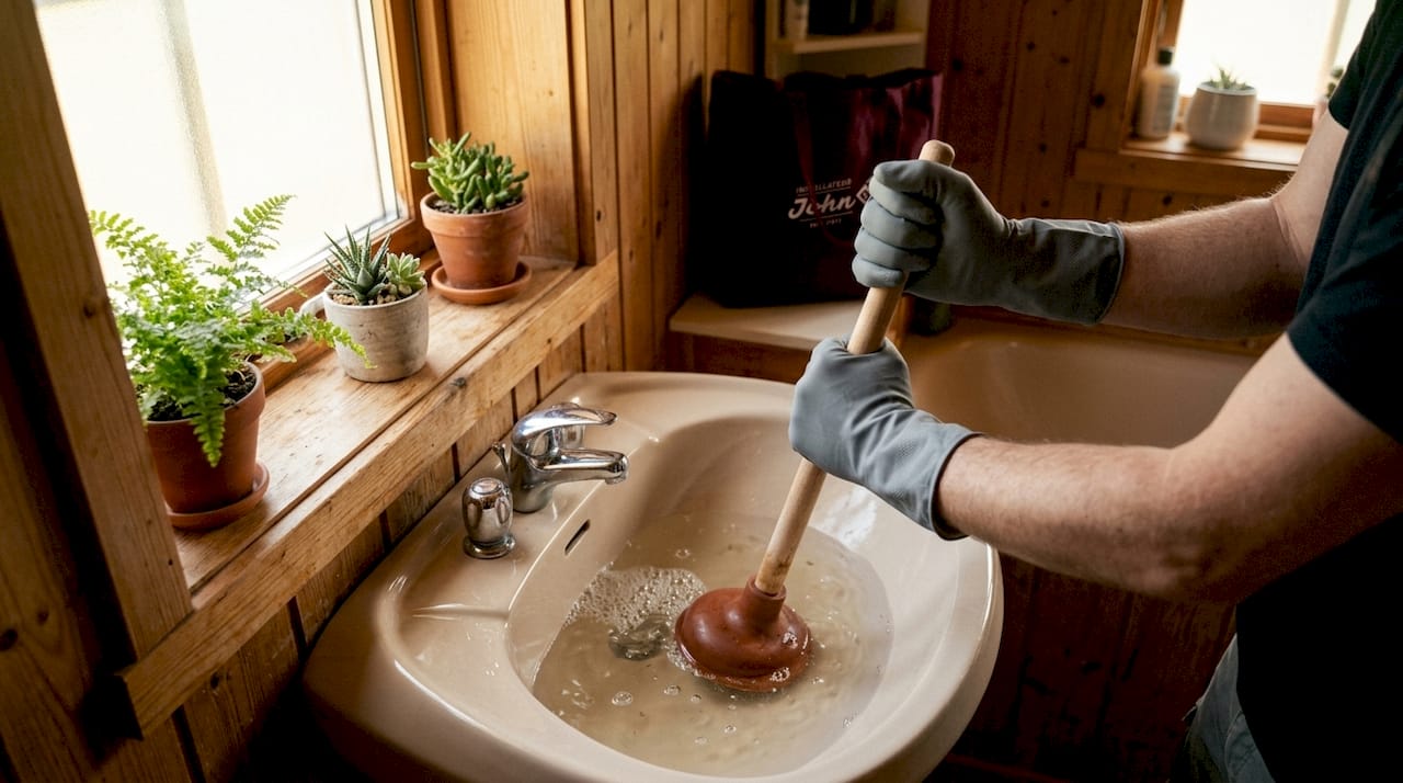 Mit dem Pömpel das Waschbecken im Bad wieder frei machen