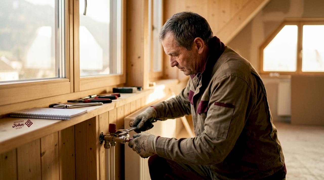 Ein Fachmann kontrolliert regelmäßig die Rohrleitungen und Dichtungen der Hausinstallation, um mögliche Schäden frühzeitig zu erkennen.