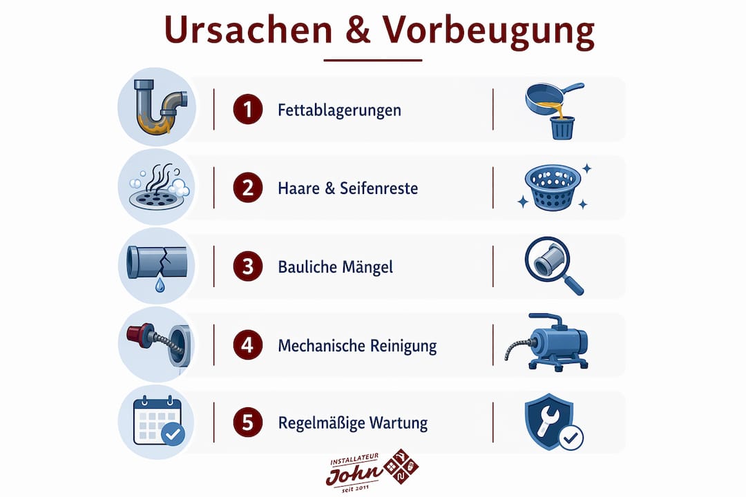 Eine anschauliche Infografik erklärt, wie Verstopfungen entstehen und gibt praktische Tipps zur Vorbeugung.