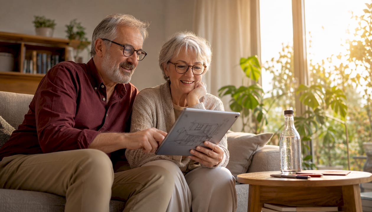 Ein älteres Ehepaar macht sich Gedanken über die geplante Modernisierung ihres Hauses.