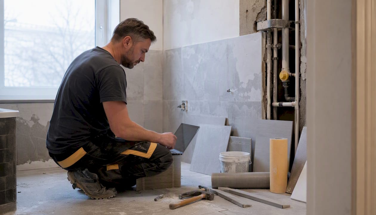 Ein Installateur prüft die Fortschritte auf der Baustelle eines renovierten Badezimmers.