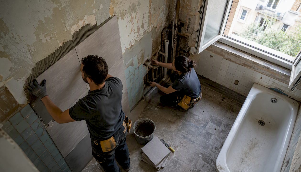 Unser erfahrenes Handwerkerteam bringt frischen Wind in Ihr Altbau-Bad und sorgt mit neuen Fliesen für ein modernes Wohlfühlambiente.