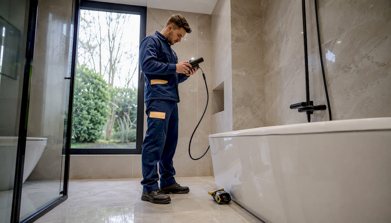 Ein Installateur überprüft die Wasserleitungen in einem modernen Badezimmer.