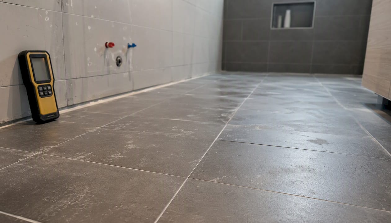 Frisch gefliester Badezimmerboden trocknet nach der Verlegung.