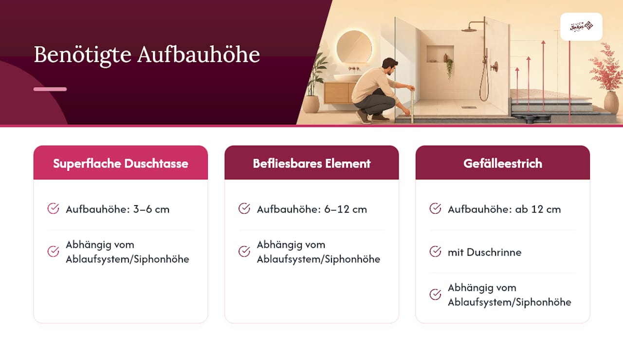 Übersichtsgrafik zu den empfohlenen Montagehöhen verschiedener Duschtypen