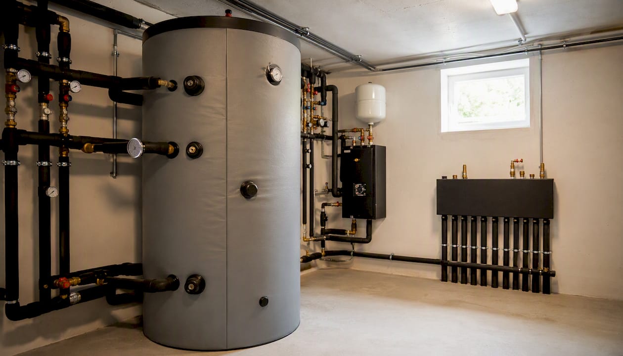 Im Keller befindet sich ein Warmwasserspeicher, der von der Solarthermieanlage gespeist wird.