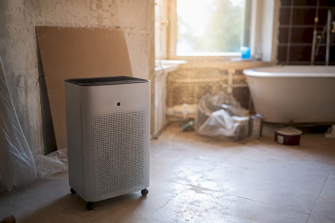 Mobiler Luftreiniger filtert Staub im Badezimmer