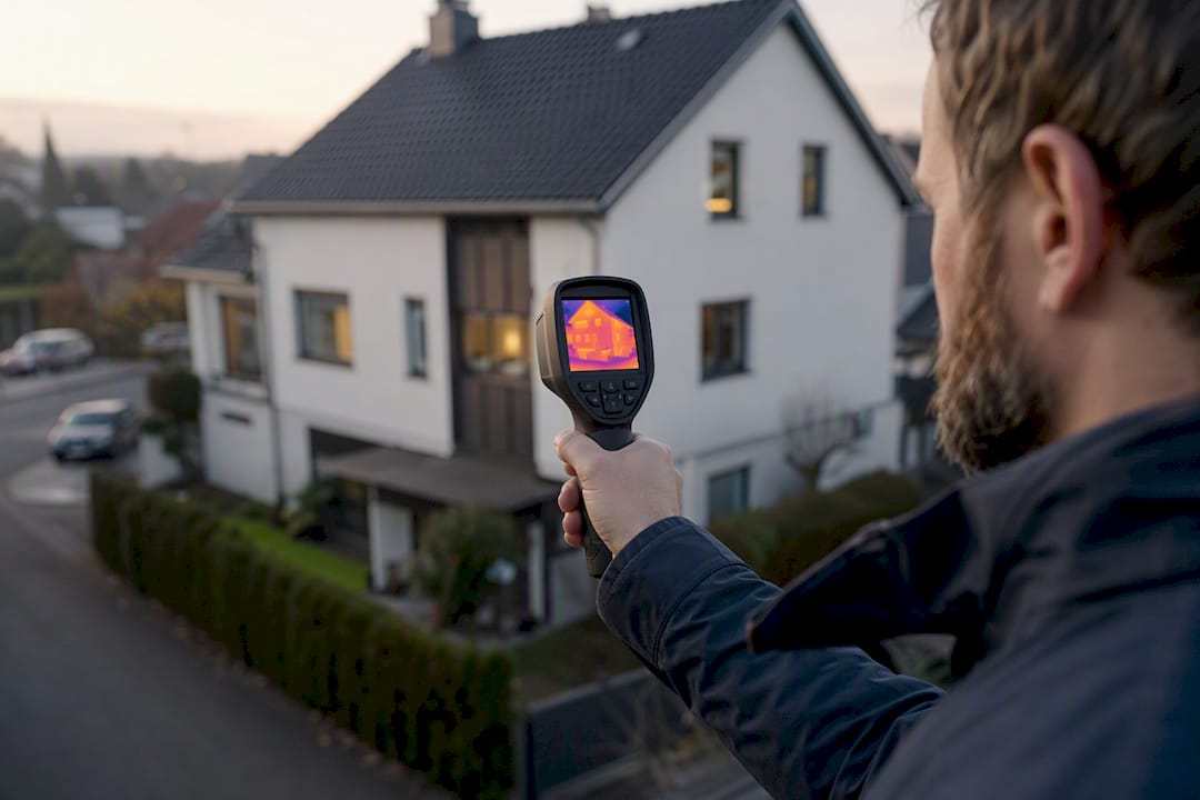Techniker misst den Wärmeverlust im Haus