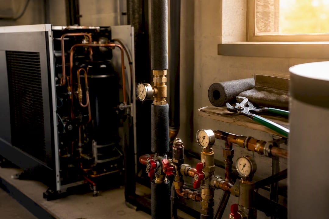 Nahaufnahme von Kompressor und Leitungen einer Wärmepumpe