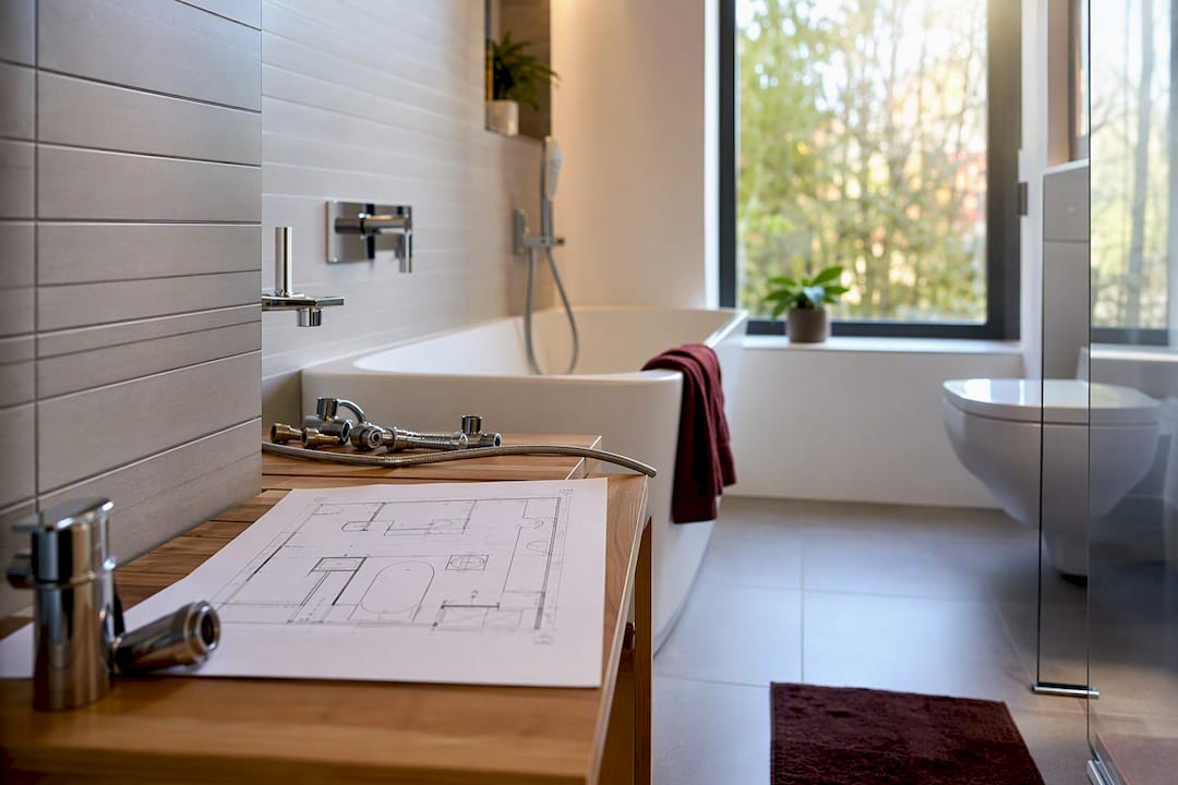 Werkstattecke eines Meisterinstallateurs mit Sanitärplänen