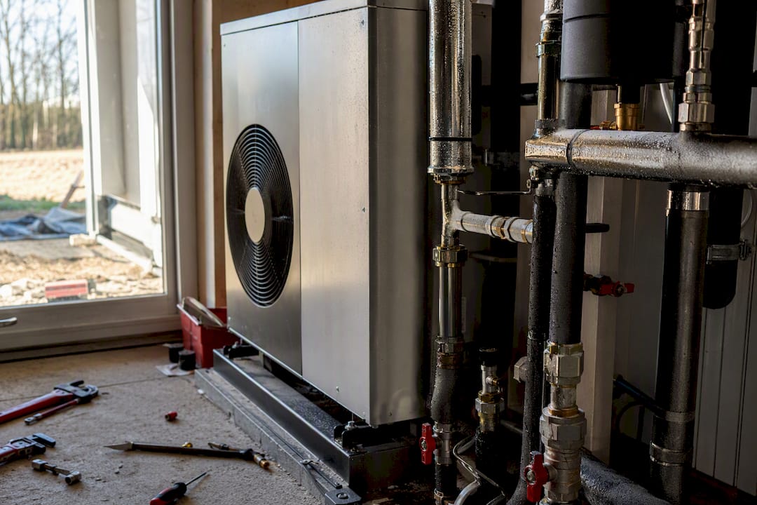 Nahaufnahme einer Wärmepumpe und Rohrleitungen im Wohnbereich