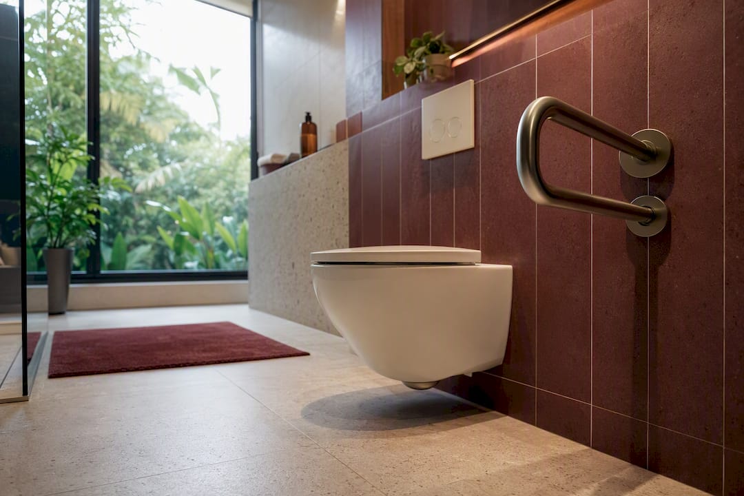 Barrierefreies kleines Badezimmer mit klappbarem Haltegriff