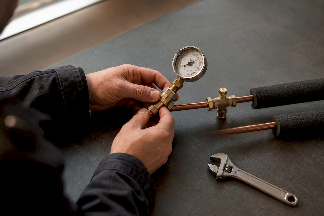Techniker überprüft die Dichtheit einer Wärmepumpenleitung