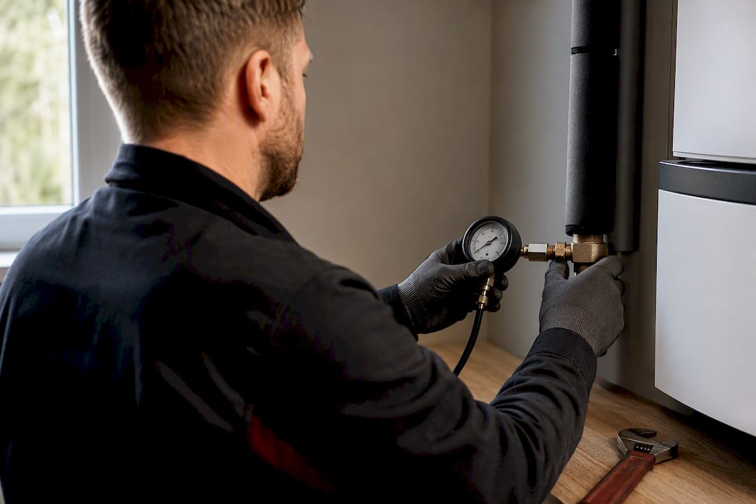 Techniker überprüft die Wärmepumpe bei der Wartung