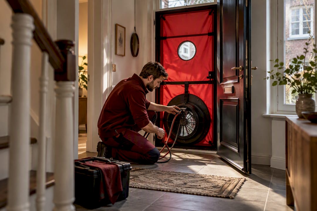 Handwerker führt Blower-Door-Test in einem Altbau durch