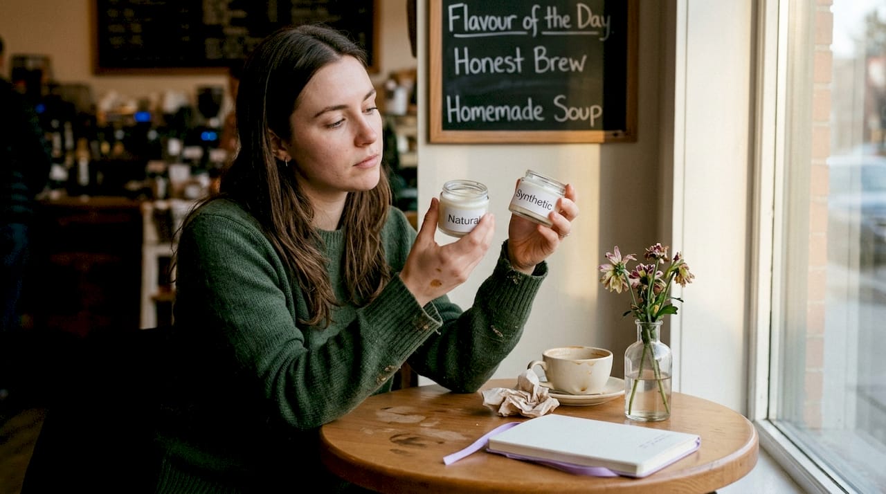 Woman compares natural versus synthetic cosmetics