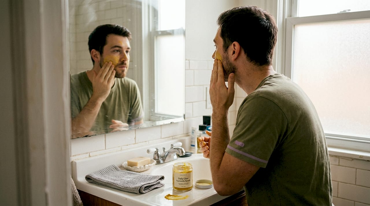 Man gently applying turmeric face scrub in bathroom