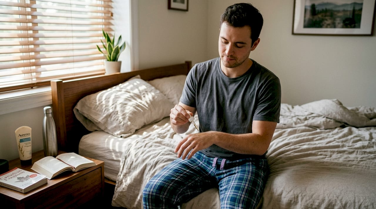 Man applying organic body oil in bedroom