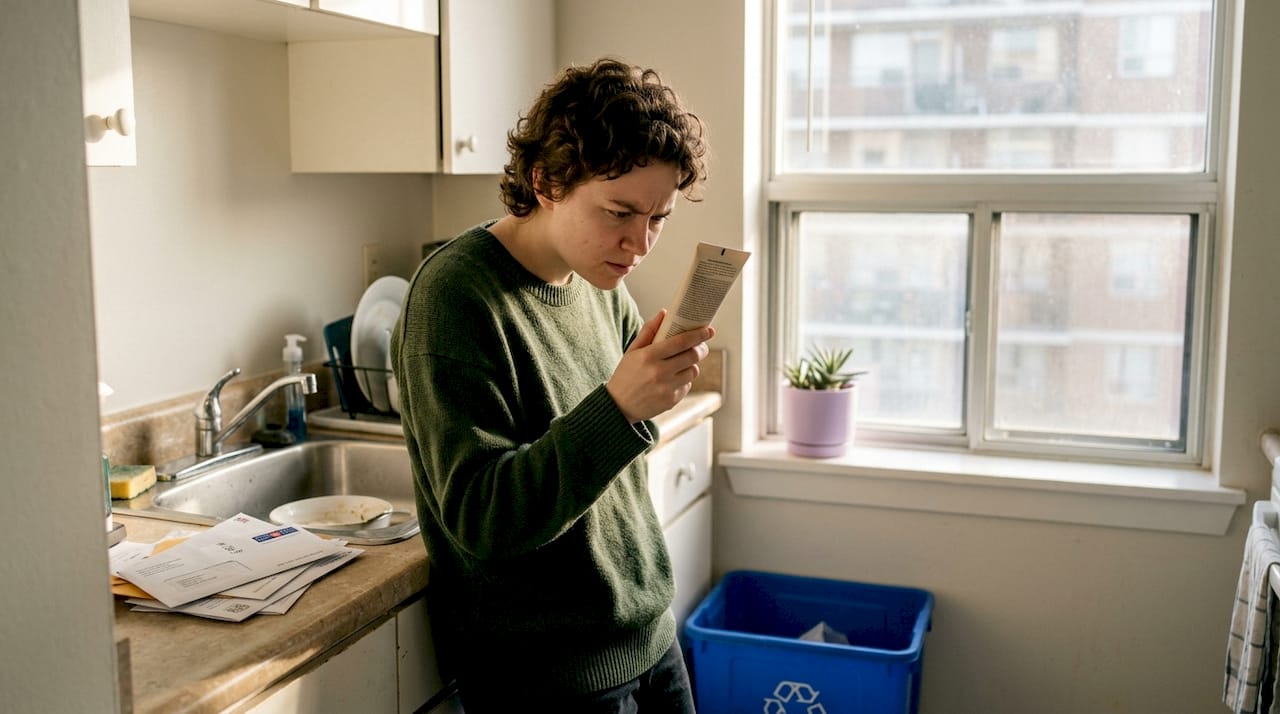 Person checks skincare product label in kitchen