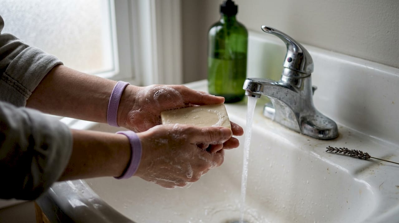 Washing hands with natural soap bar