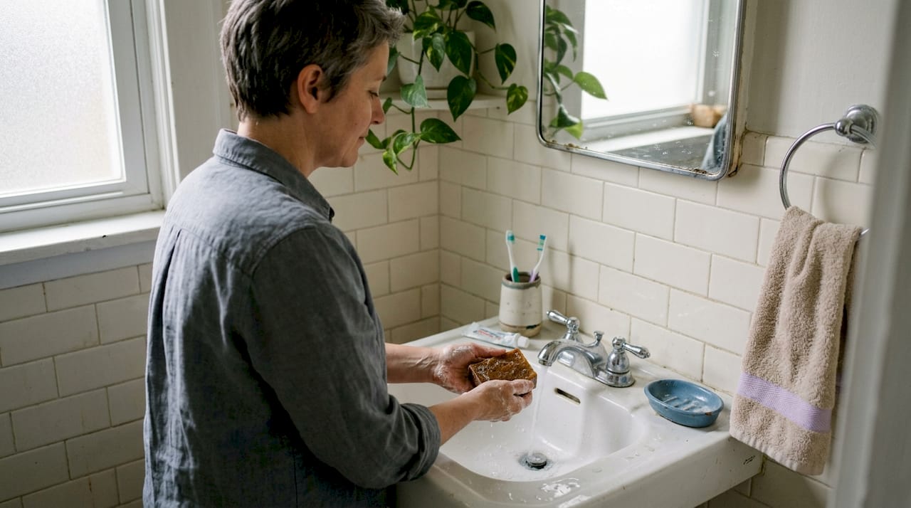 Person using handmade soap in vintage bathroom