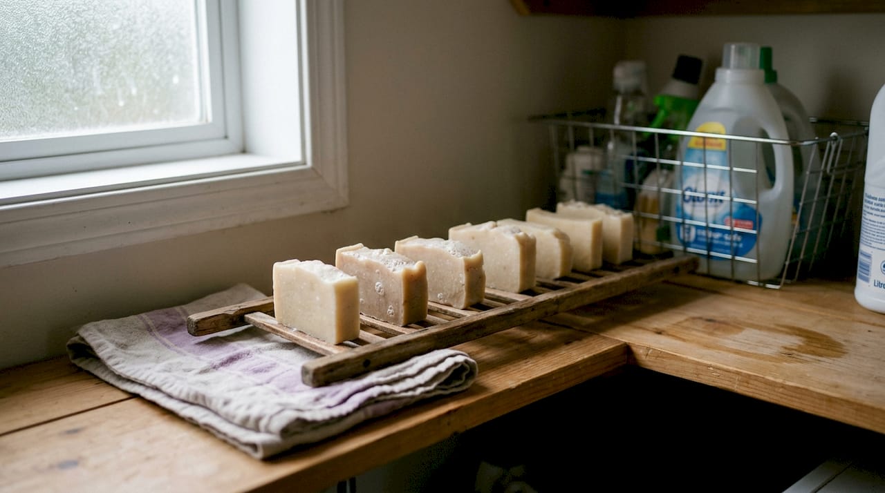 Soap bars curing on wooden rack