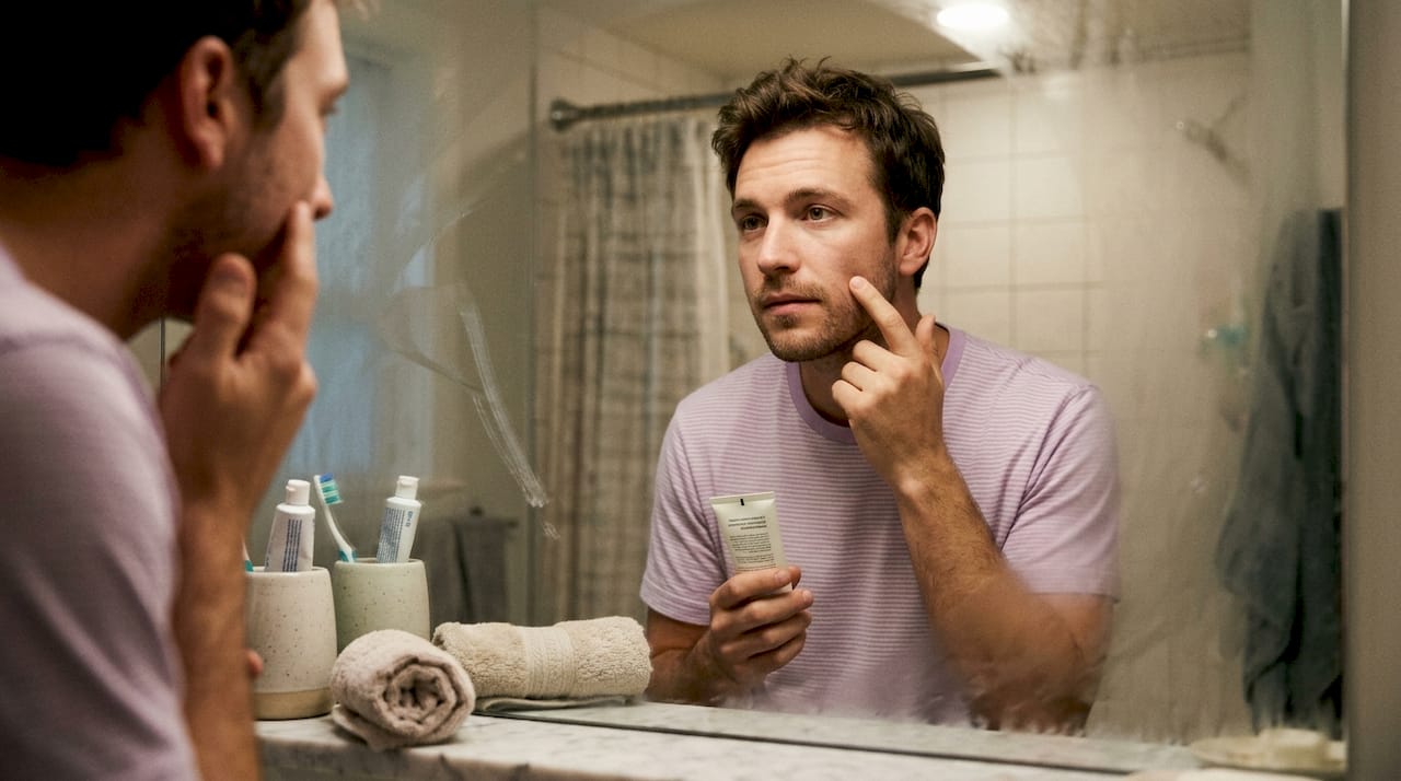 Man checking skin before applying moisturizer
