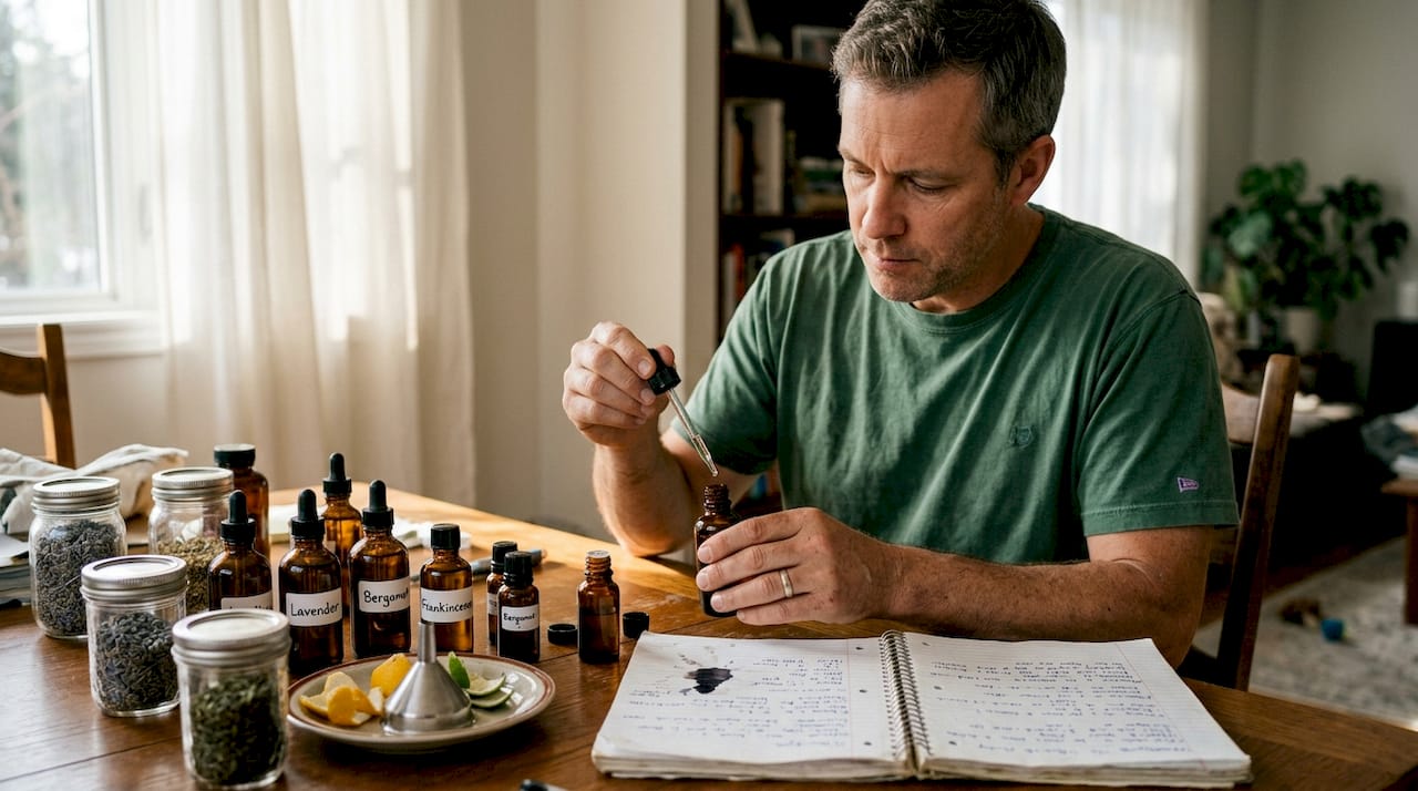 Blending essential oils for natural soap on table